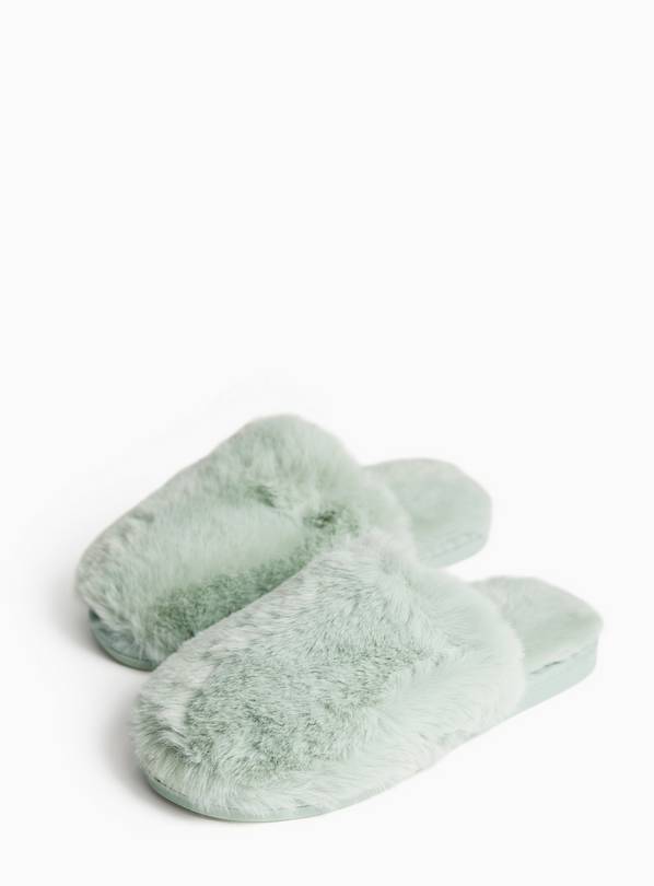 Green Faux Fur Closed Toe Mule Slippers L
